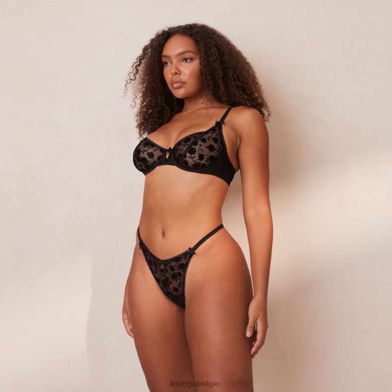 Balconette-bh en string/slip met gevlokte bloemen vrouwen zwart Lounge ondergoed 008ZJ134 - Image 3