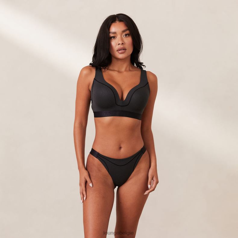 geribbelde mindful bh & string/slip set vrouwen zwart Lounge ondergoed 008ZJ165 - Image 3
