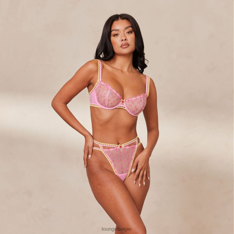 Set met madeliefjes geborduurde balconnetbeha en string/slip vrouwen roze Lounge ondergoed 008ZJ123 - Image 11