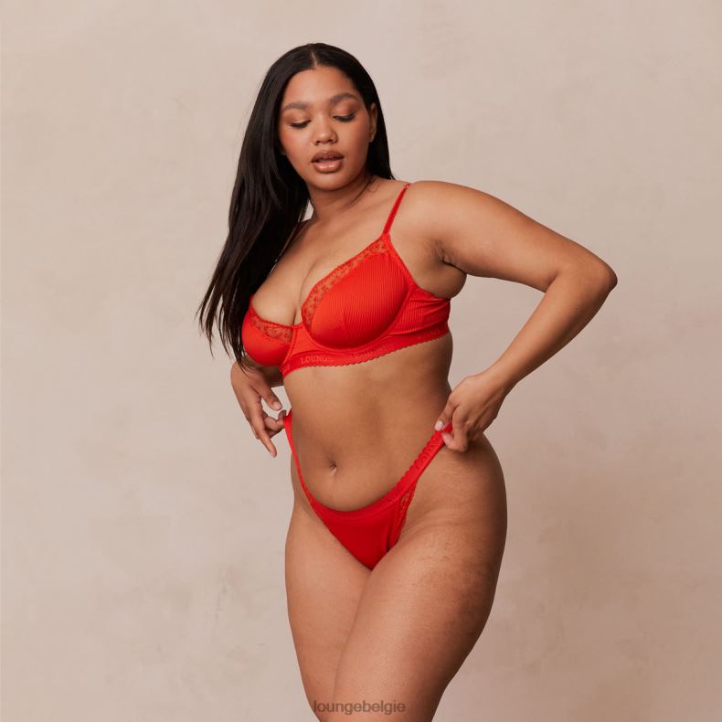 Set van geribbelde balconette-bh en string/slip vrouwen rood Lounge ondergoed 008ZJ131 - Image 2