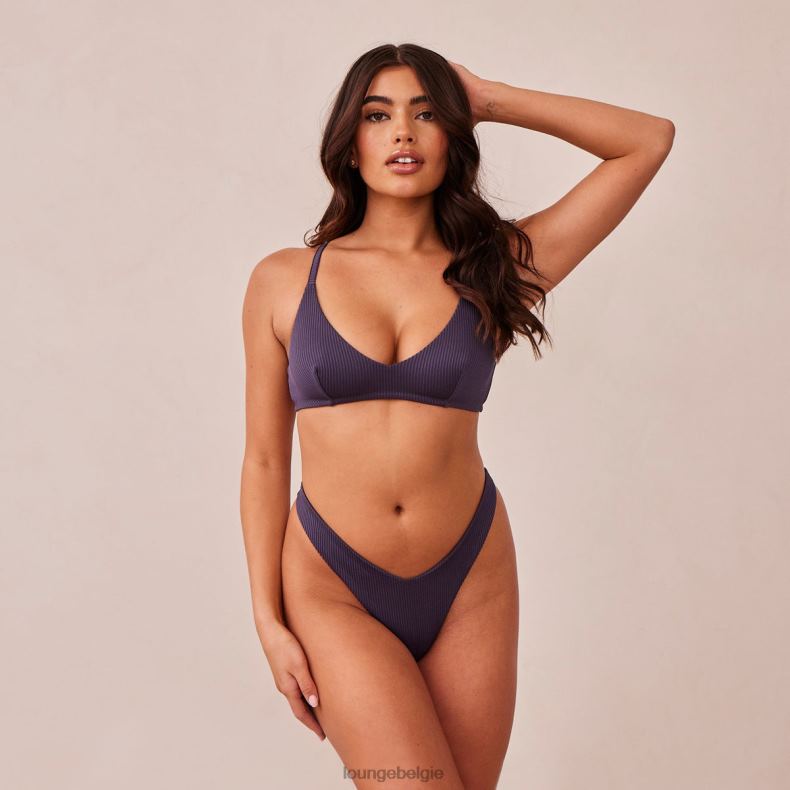 Set van geribbelde triangelbeha en string/slip vrouwen houtskoolblauw Lounge ondergoed 008ZJ235 - Image 1