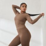 essentiële geribbelde top met lange mouwen vrouwen koffie Lounge kleding 008ZJ843