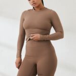 essentiële geribbelde top met lange mouwen vrouwen koffie Lounge kleding 008ZJ843 - Image 6