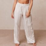 gestreepte satijnen pyjamabroek vrouwen parel Lounge kleding 008ZJ939 - Image 3
