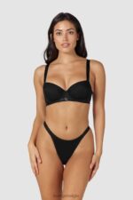 Set van T-shirtbeha en string/slip van gladde mesh vrouwen zwart Lounge ondergoed 008ZJ128 - Image 5